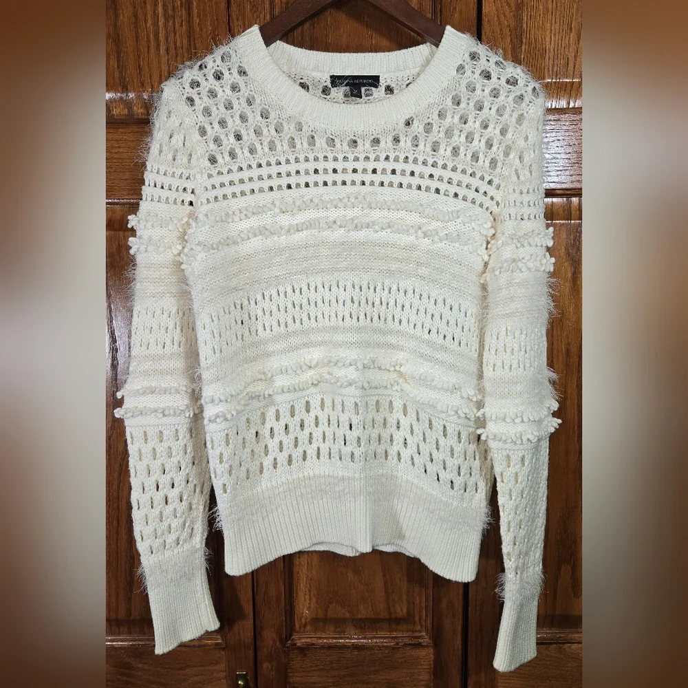 Banana Republic Ivory Spring Crew Neck Long Sleeve Open Stitch Sweater Sz M - Picture 1 of 4